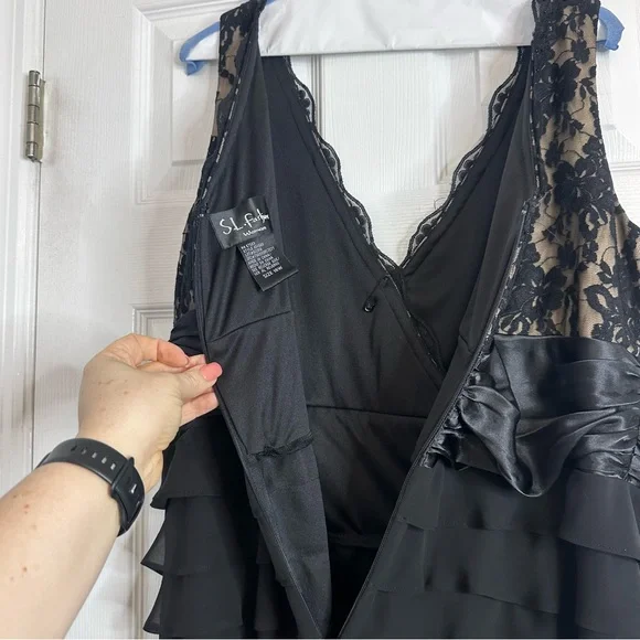 Elegant Black Lace & Chiffone Ruffle Women's Cocktail Dress Plus Size 18W - Picture 14 of 15